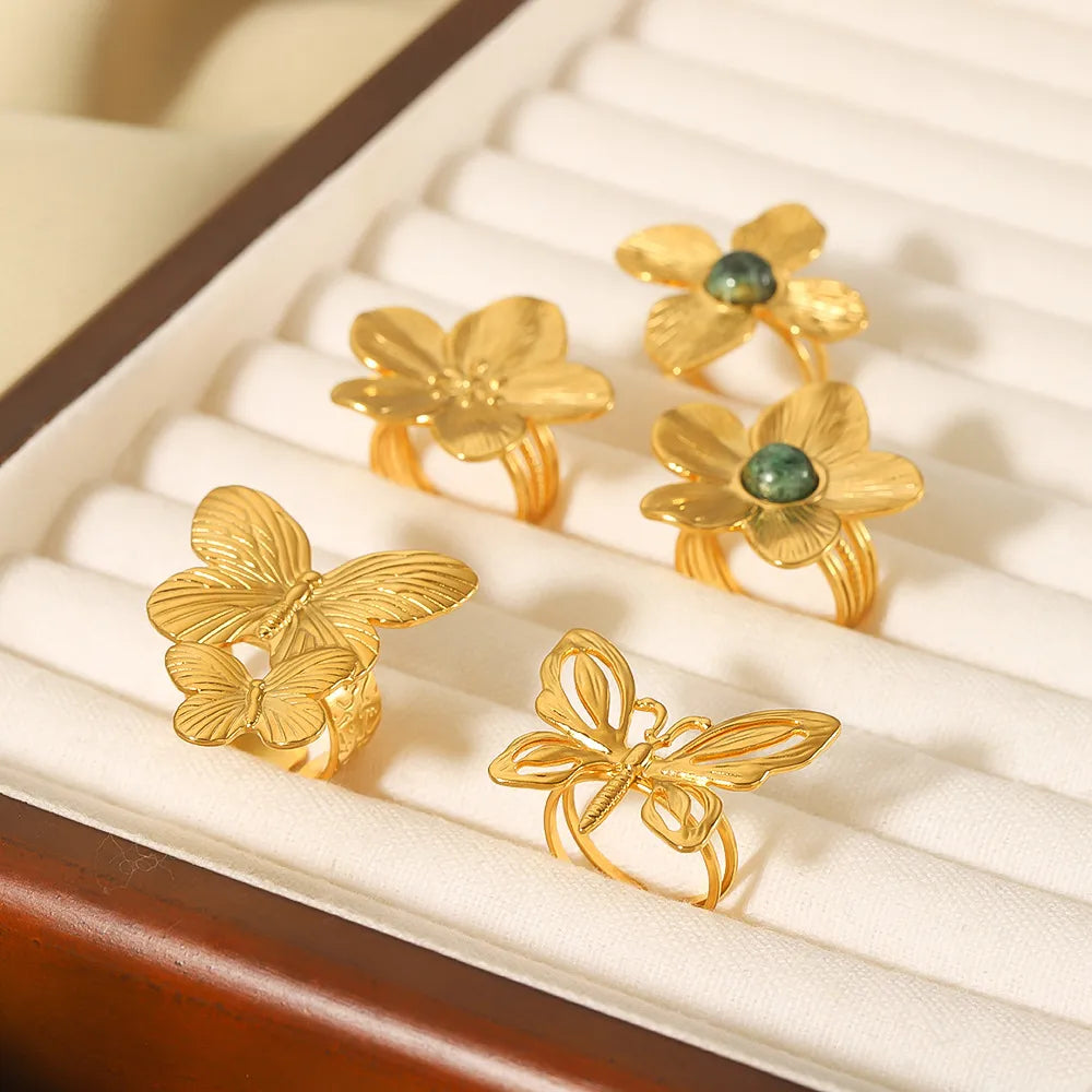 Waterproof Gold Butterfly & Flower Open Rings