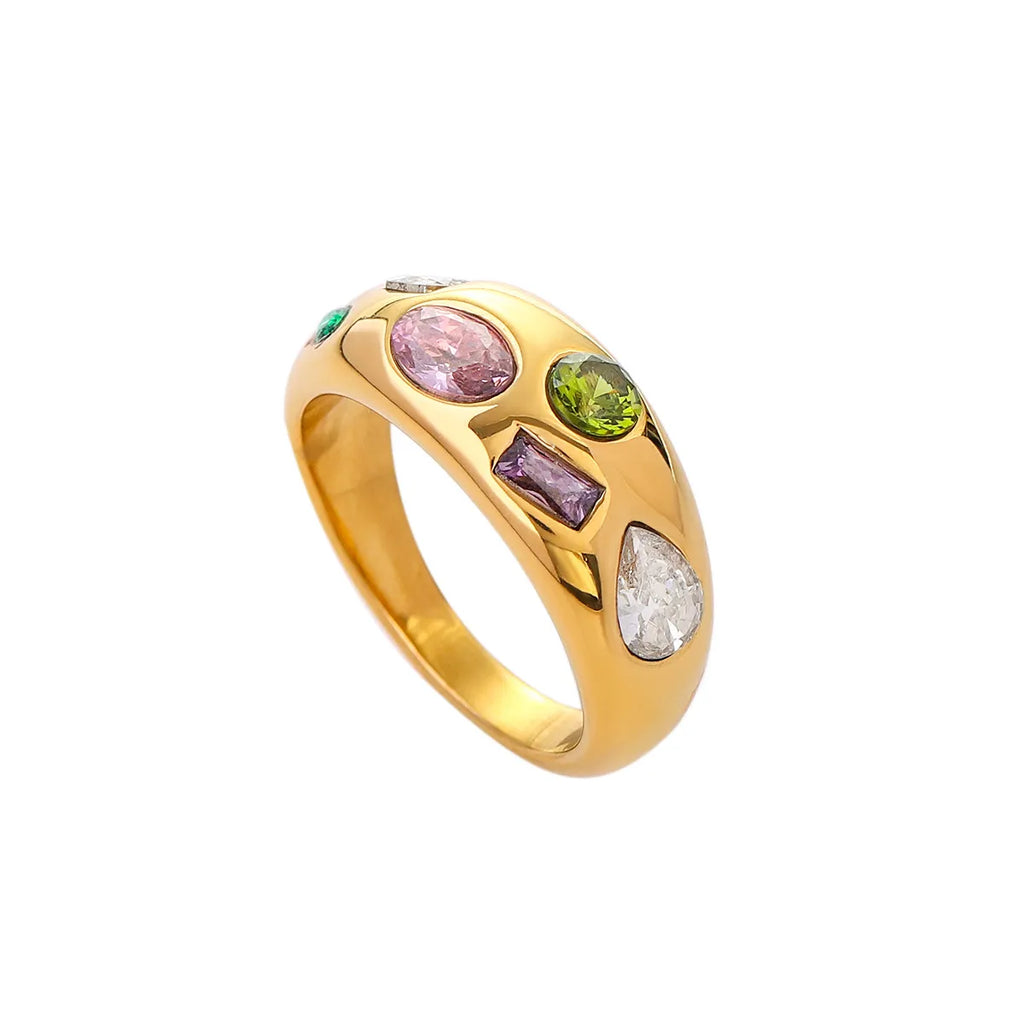 Waterproof Gold Multi-Color CZ Chunky Dome Ring