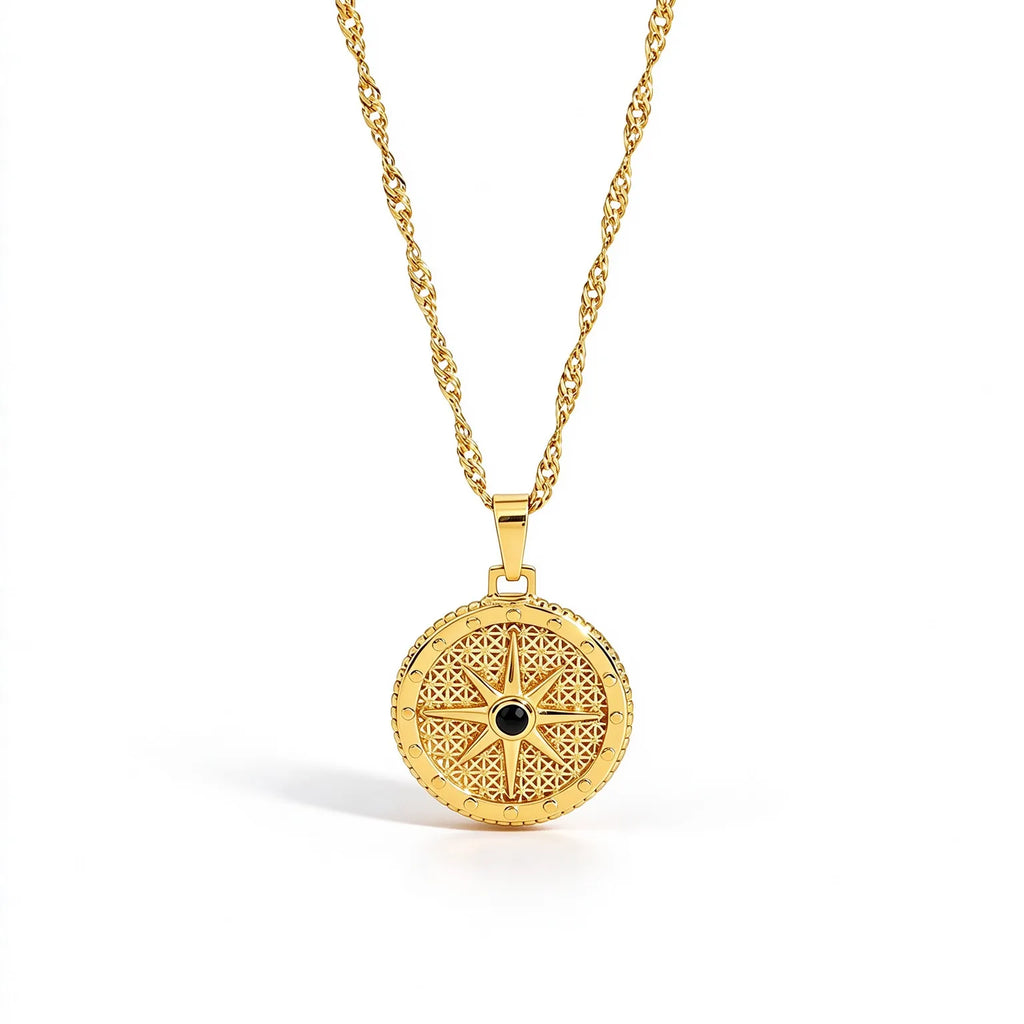 Waterproof Gold CZ Coin Pendant Celestial Necklace