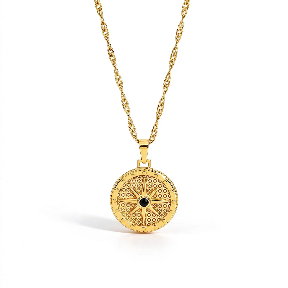 Waterproof Gold CZ Coin Pendant Celestial Necklace