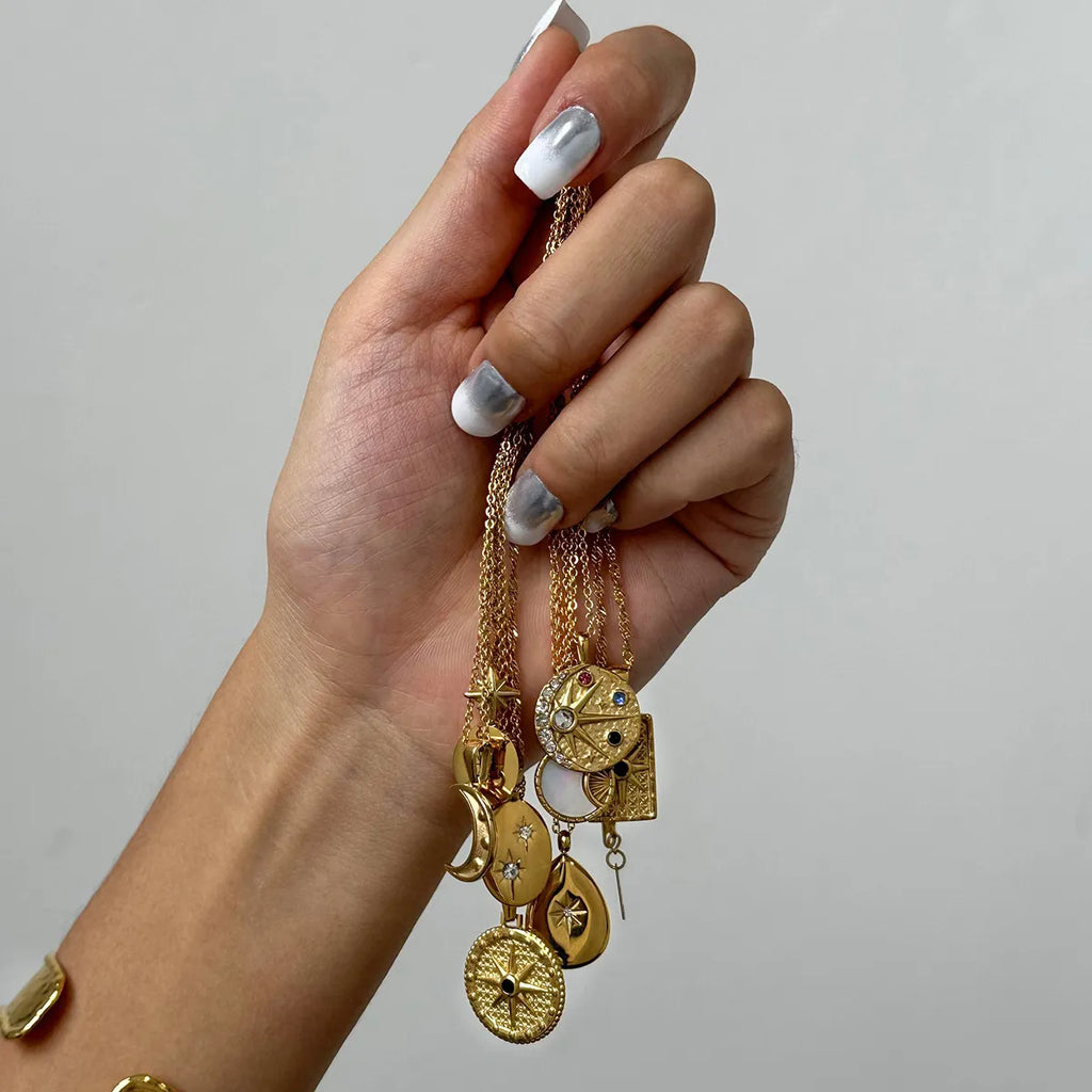 Waterproof Gold CZ Coin Pendant Celestial Necklace