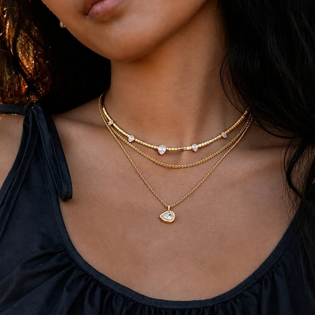 Waterproof Gold  Layering Choker Teardrop Necklace