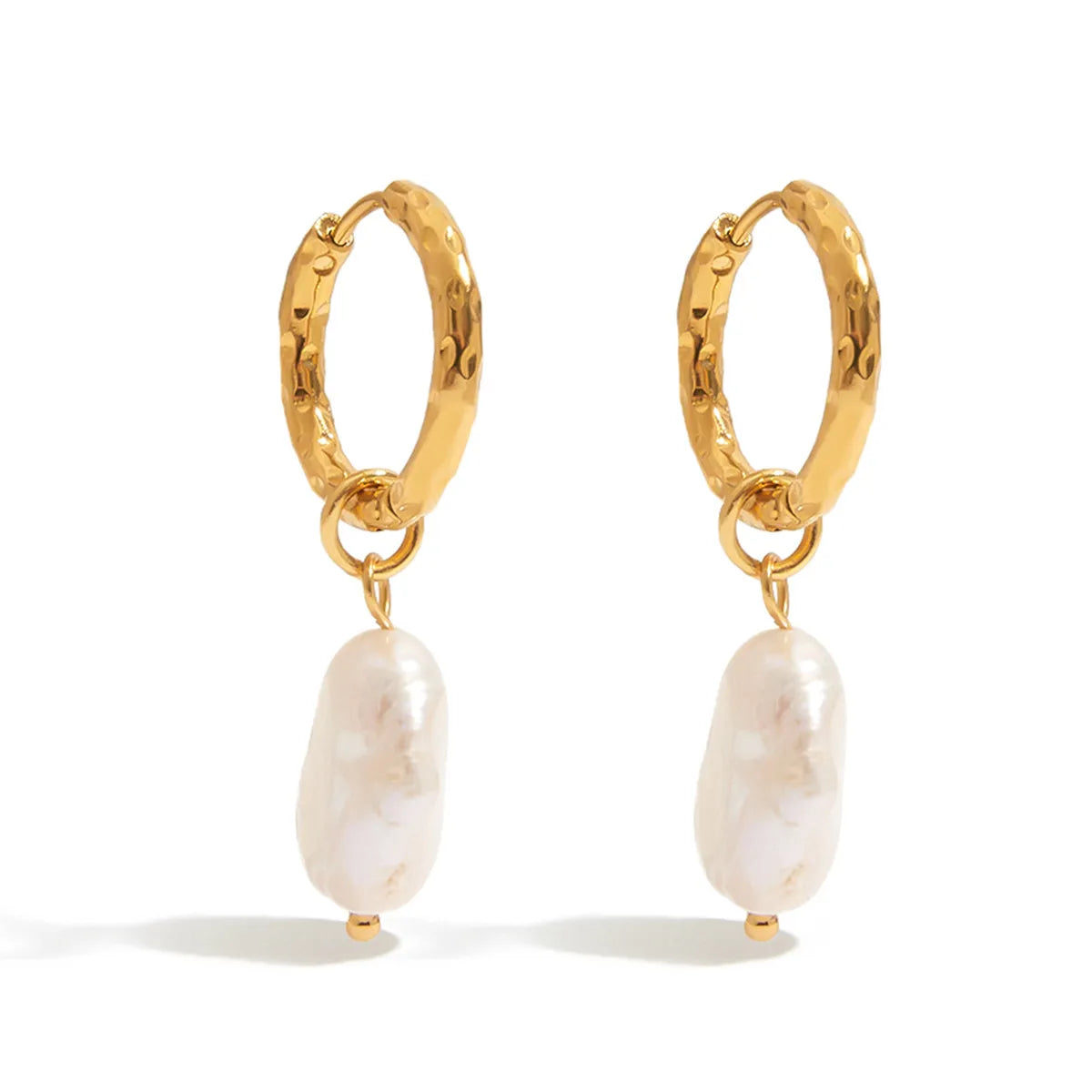 Waterproof Baroque Pearl Hammered Hoops Earrings