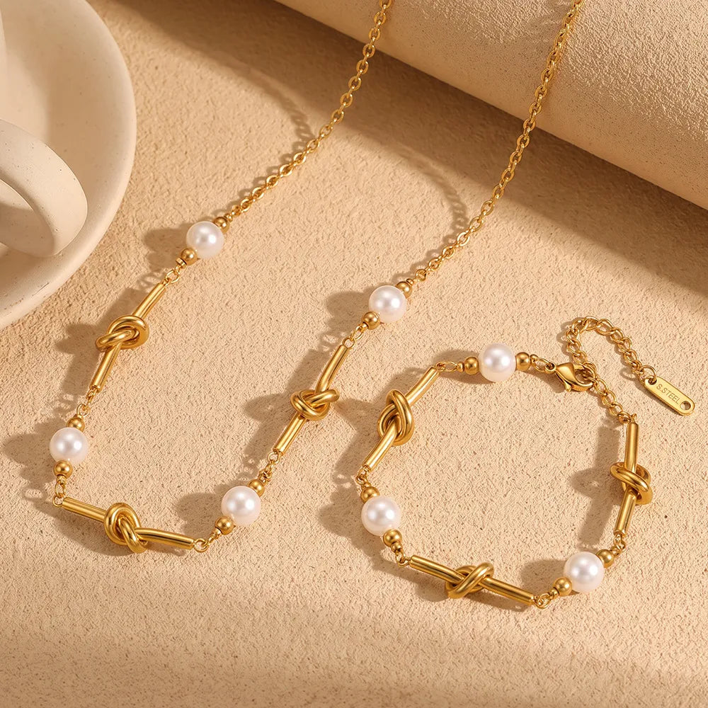 Waterproof Gold Knot & Pearl Jewelry Set