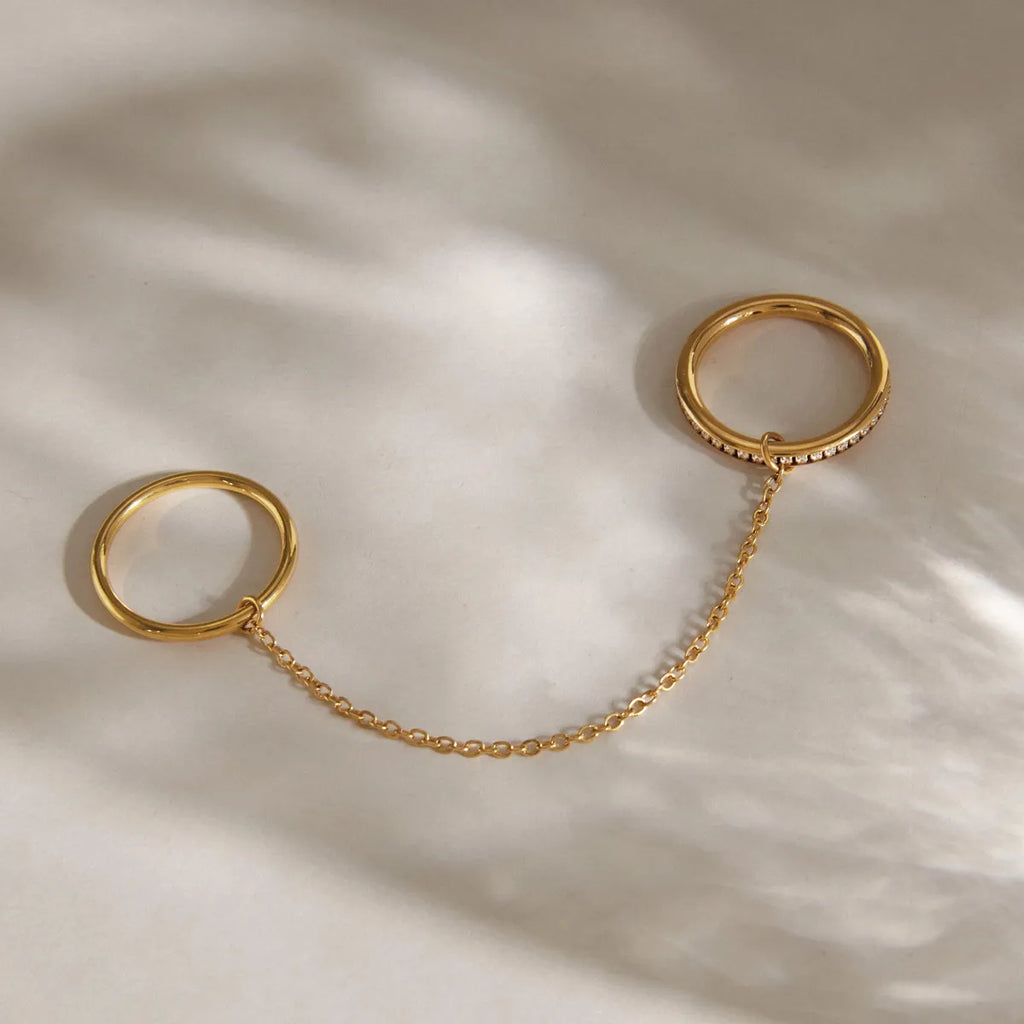 Waterproof Gold Chain Ring & Pearl Stacking Ring