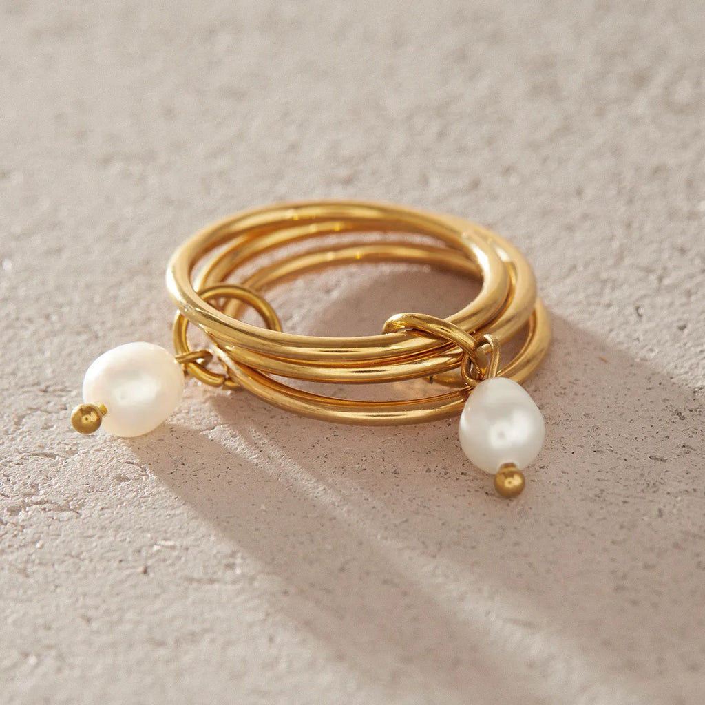 Waterproof Gold Chain Ring & Pearl Stacking Ring