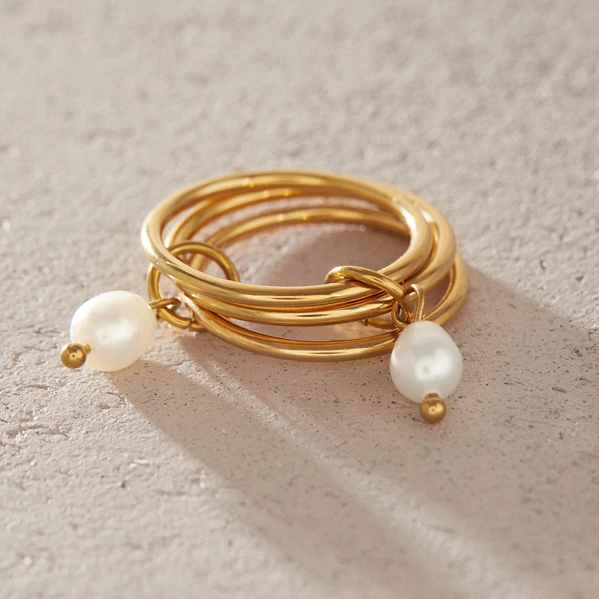 Waterproof Gold Chain Ring & Pearl Stacking Ring
