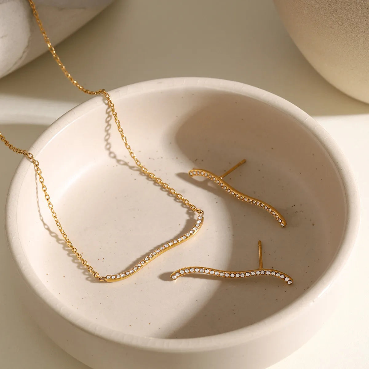 Waterproof Gold Wave Pave CZ Ear Climber Earrings