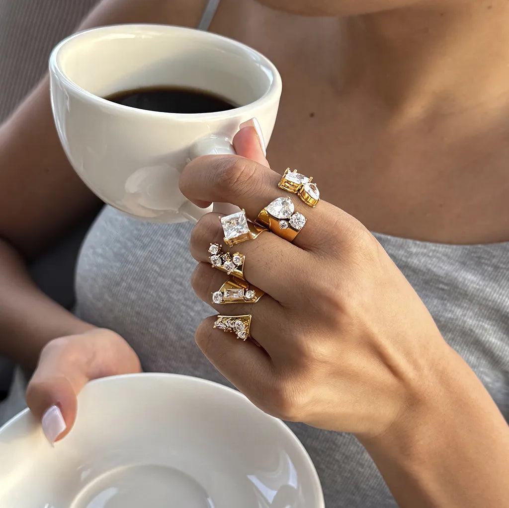 Waterproof Stainless Steel Chunky CZ Statement Ring | Gold Geometric Open Band