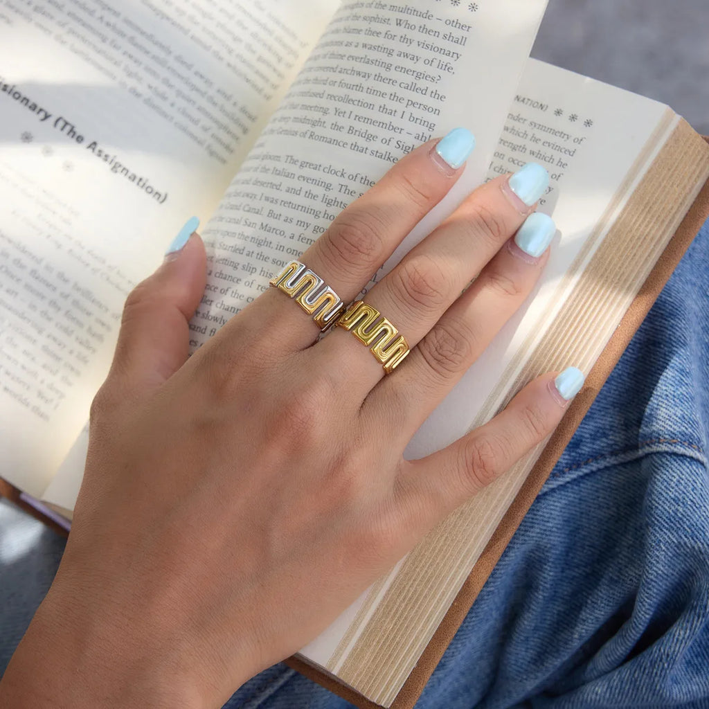 Waterproof Gold Geometric Wave  Open Ring