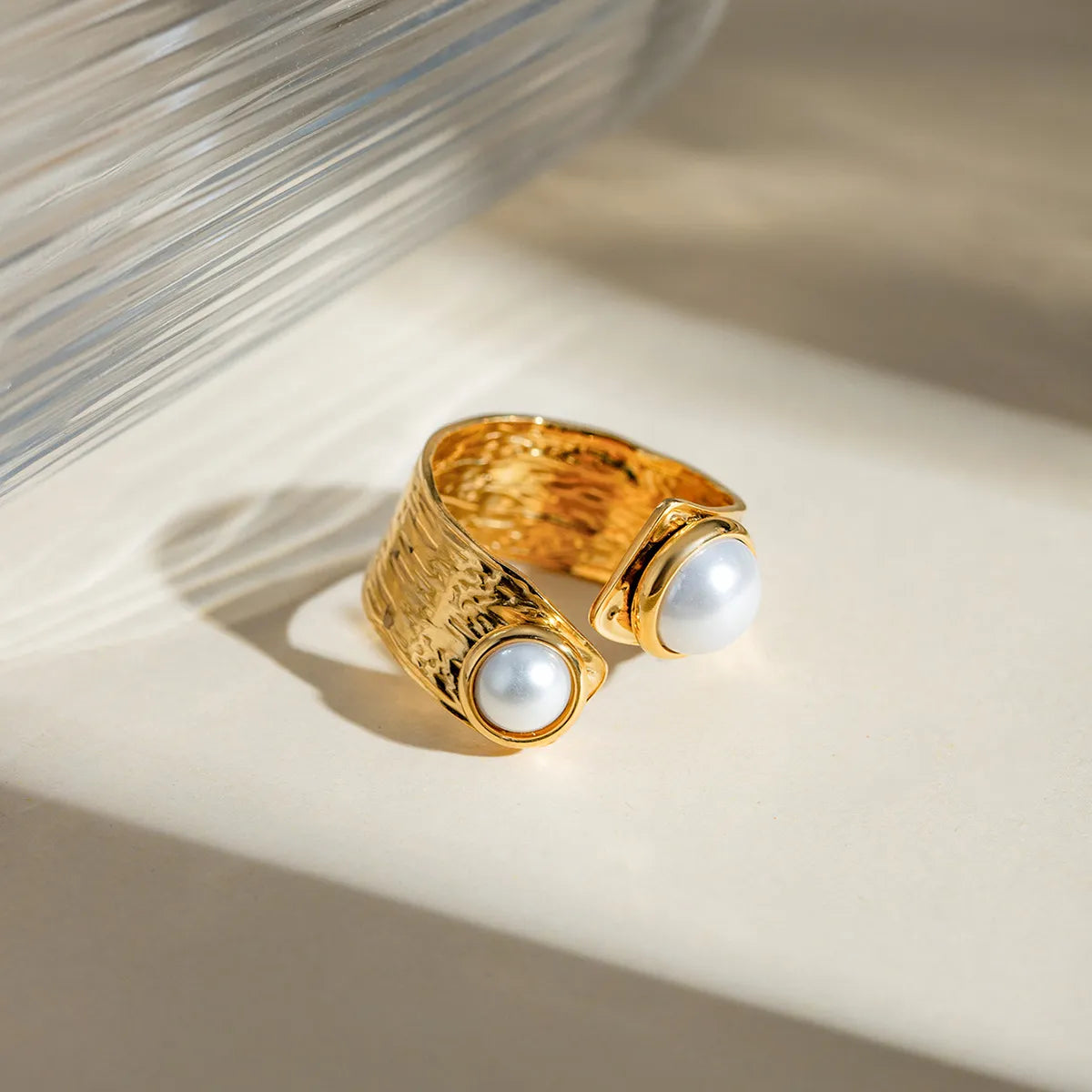 Chunky Textured Pearl Open Ring – Waterproof 18K Gold