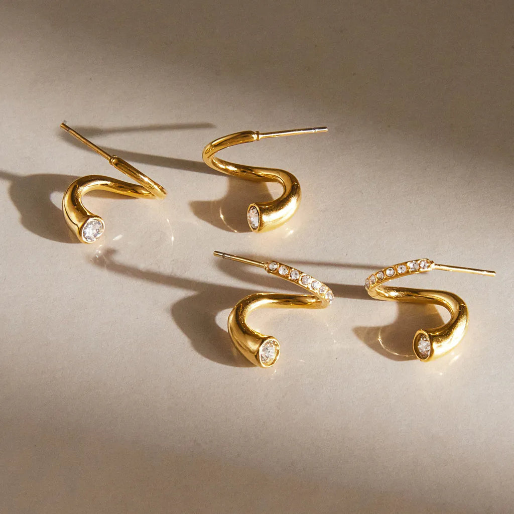 Waterproof Wave CZ S-Shape Stud Earrings