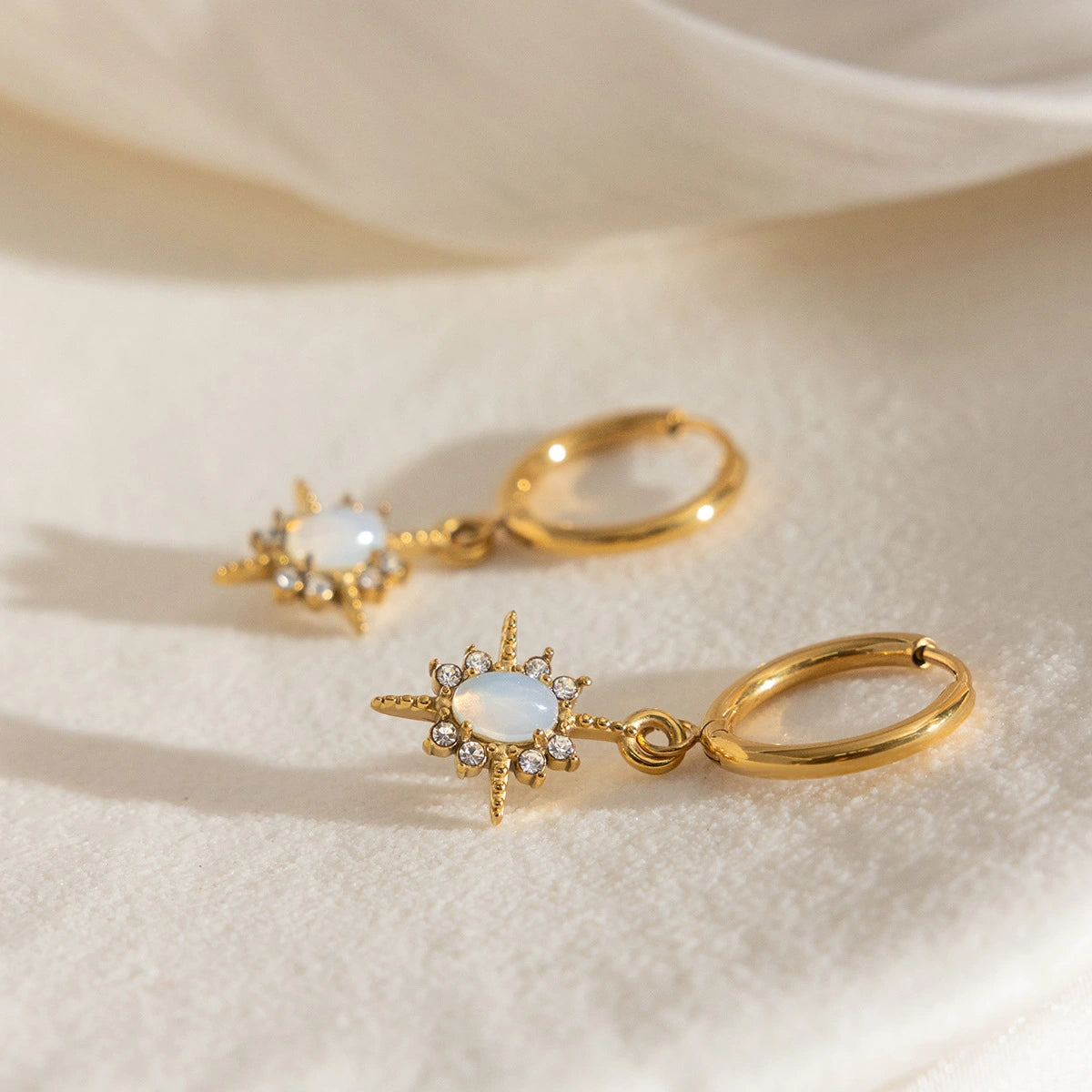 Opal Starburst Drop Huggie Earrings | Waterproof 18K Gold