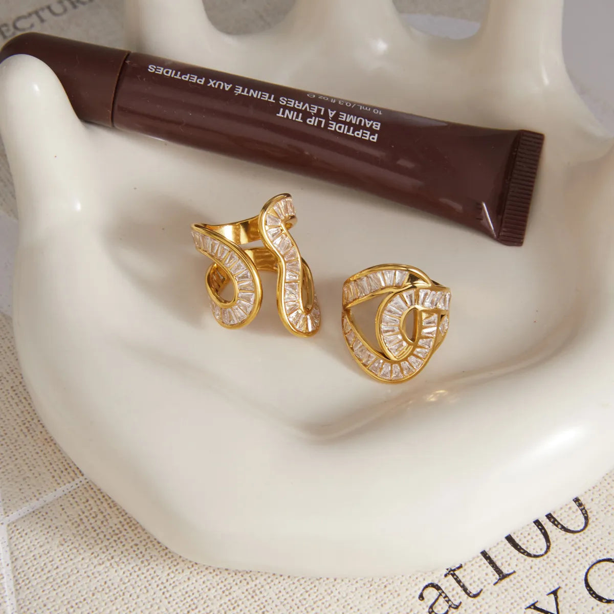 Waterproof Stainless Steel Baguette CZ Statement Rings | Gold Wavy Abstract Open Bands