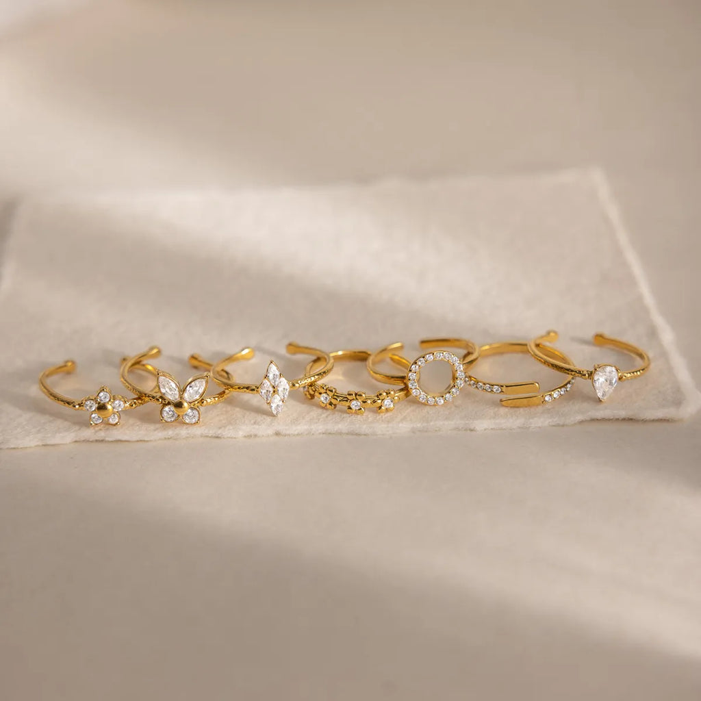 Vintage CZ Dainty Open Ring Collection – Waterproof 18K Gold | 7 Styles