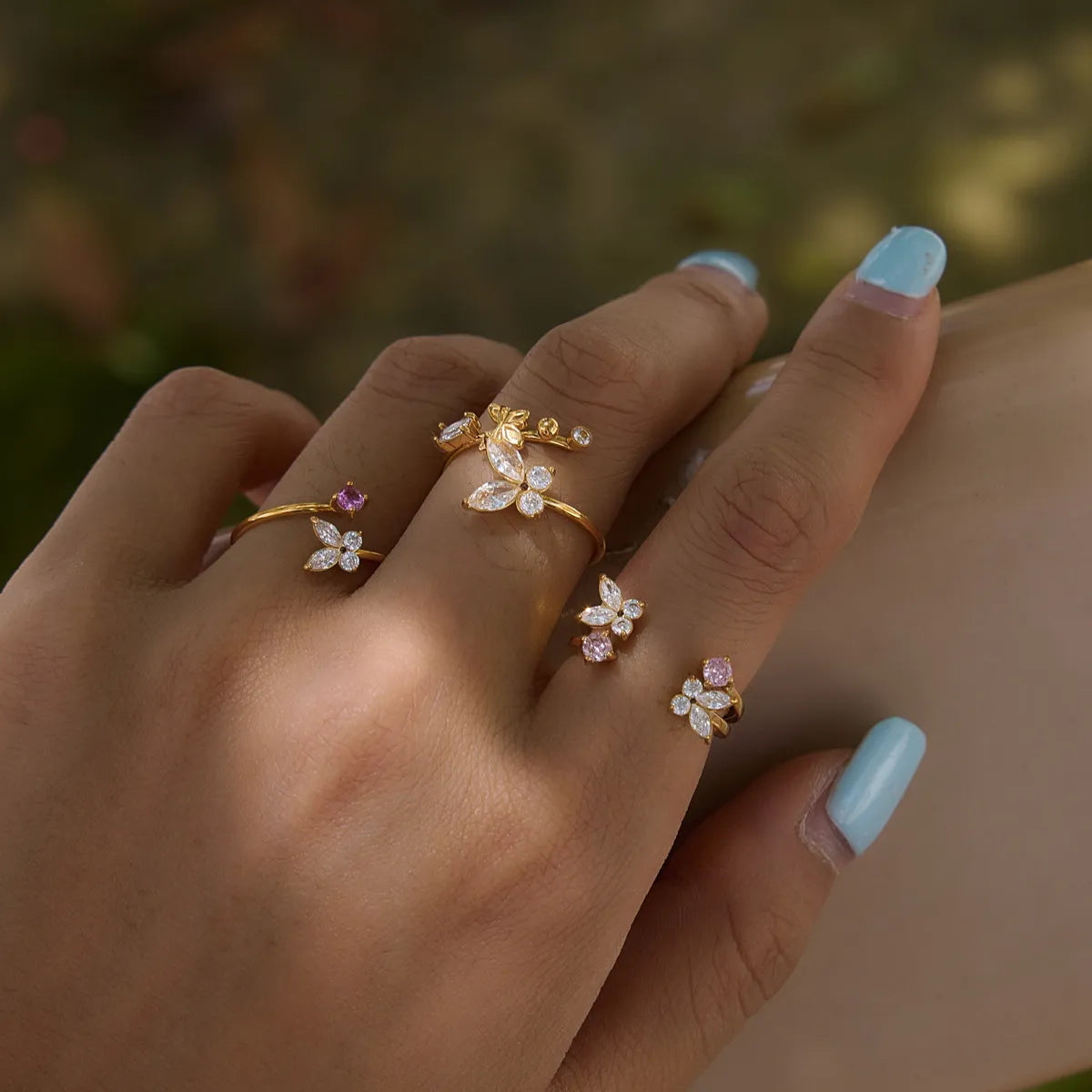 Butterfly & Floral CZ Open Ring Collection – Waterproof 18K Gold