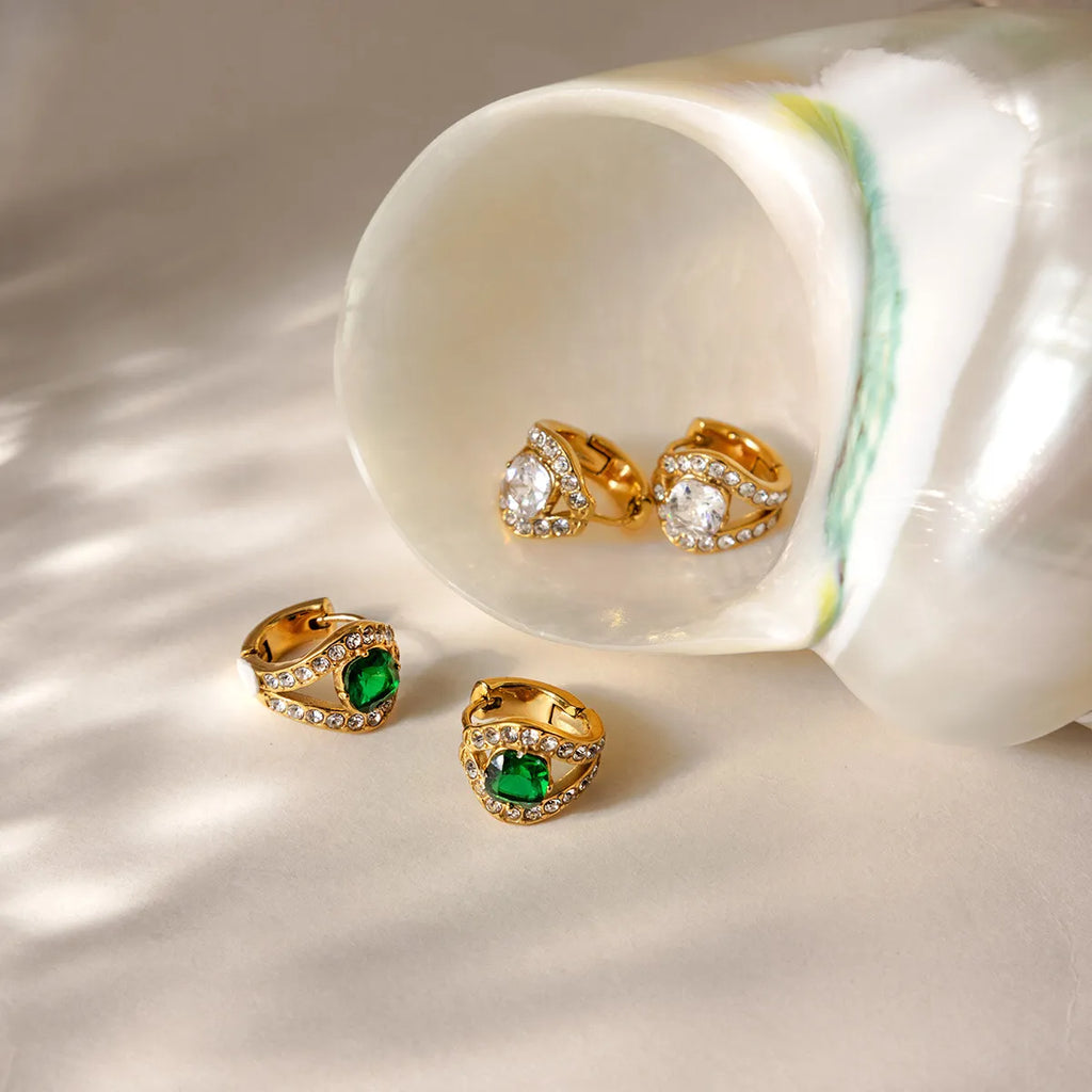 Heart Halo CZ Huggie Earrings – Waterproof 18K Gold