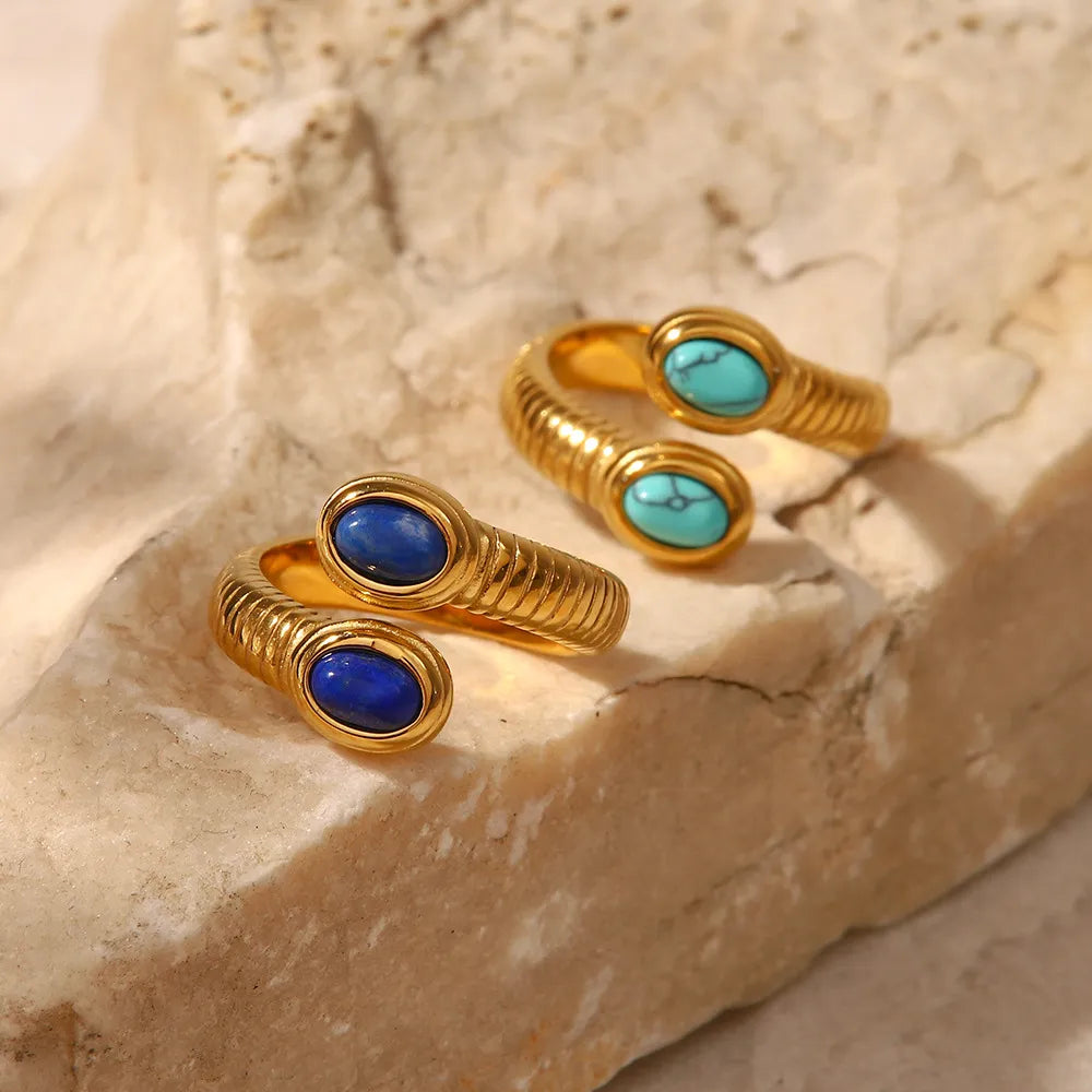 Ribbed Stone Bypass Open Ring – Waterproof 18K Gold