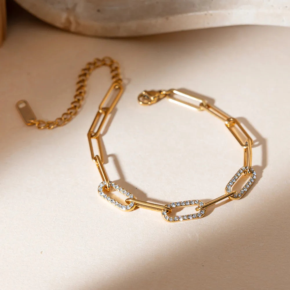 Paperclip Chain & Pavé Zirconia Bracelet – Waterproof 18K Gold
