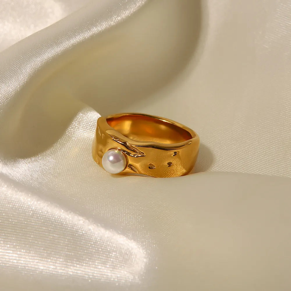 Waterproof Wide Band Pearl Ring
