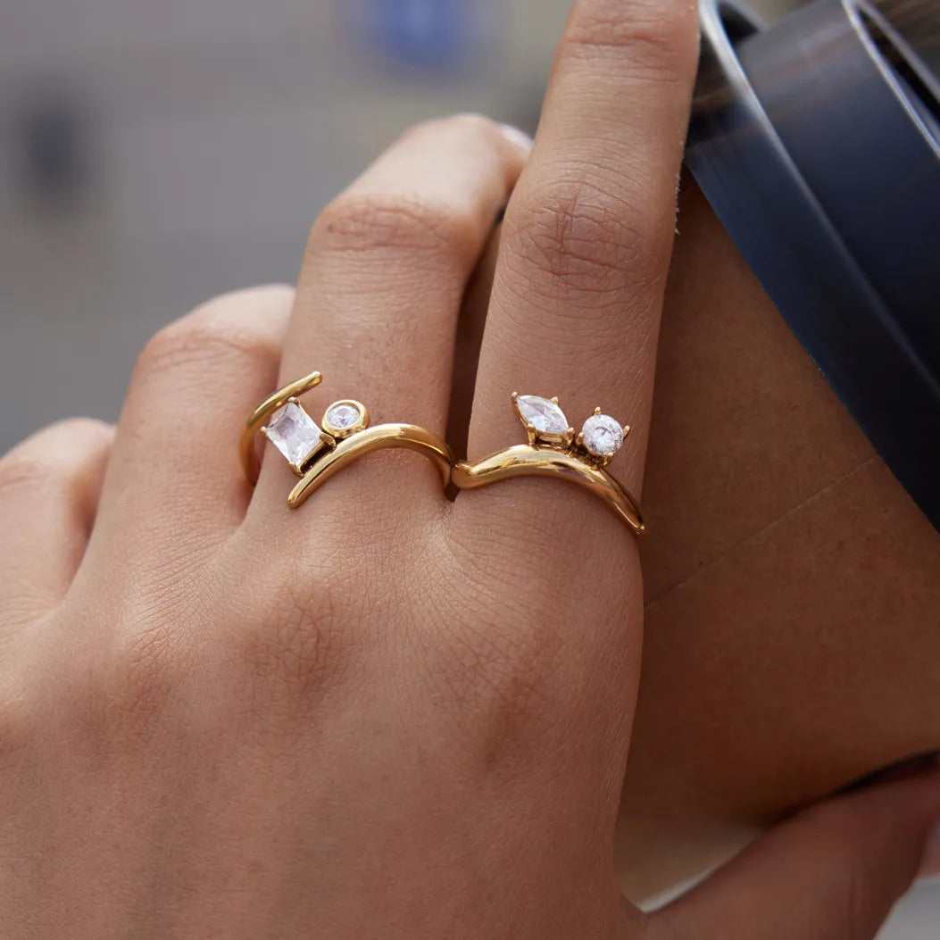 Mixed-Cut CZ Bypass Open Ring – Waterproof 18K Gold