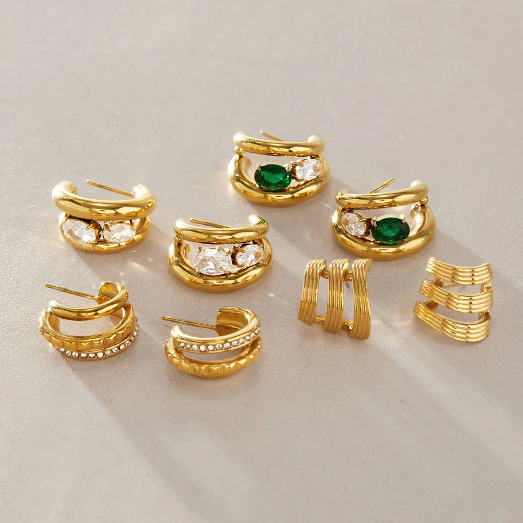Triple-Band Zirconia Huggie Earrings | Waterproof 18K Gold
