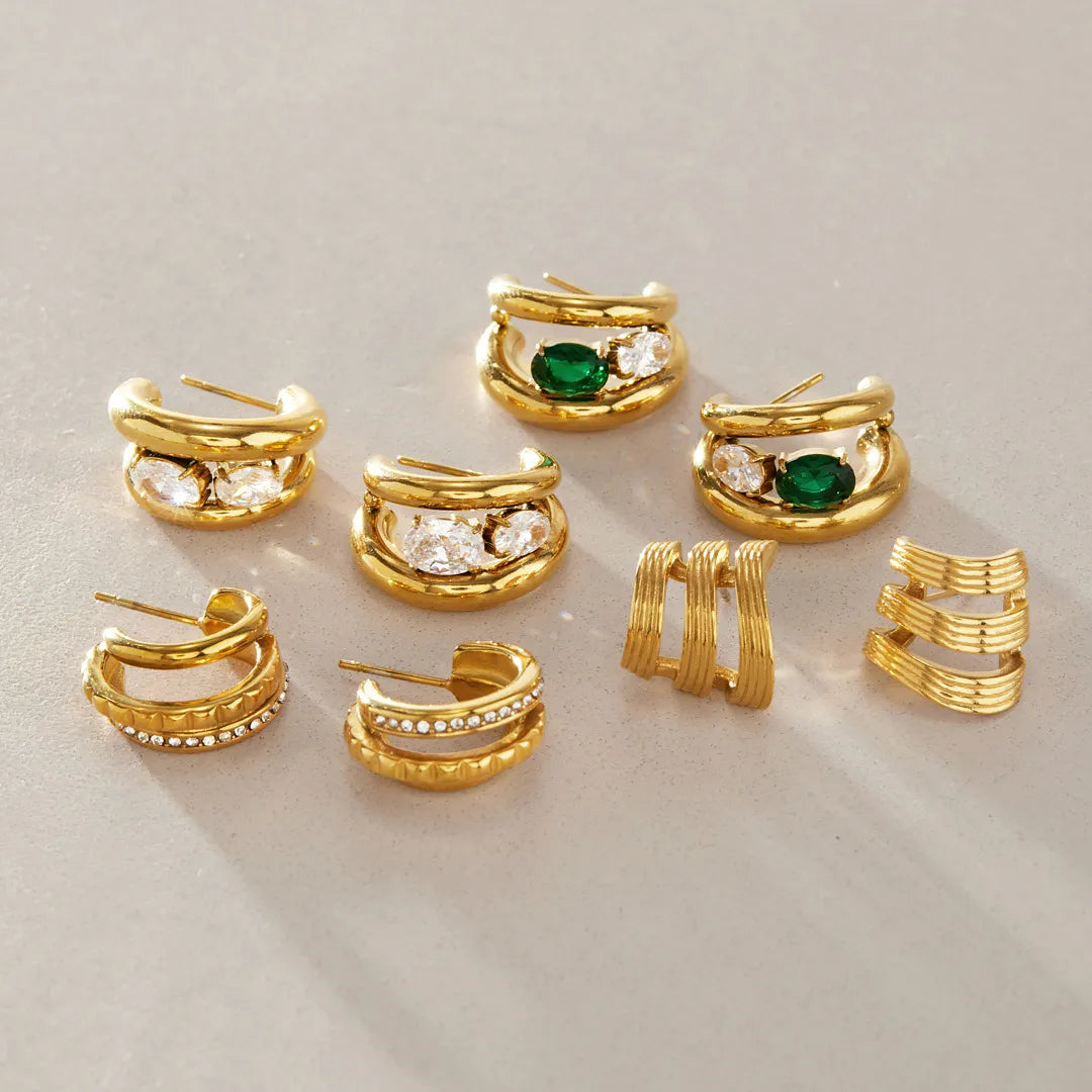 Triple-Band Zirconia Huggie Earrings | Waterproof 18K Gold