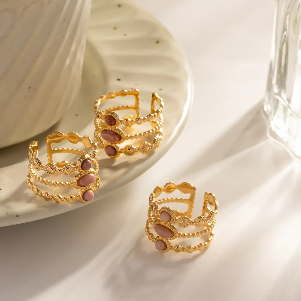 Triple Layer Pink Rhodochrosite Ring – Waterproof 18K Gold