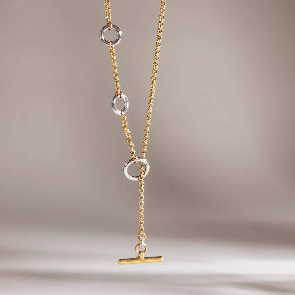 Waterproof Two-Tone T-bar Lariat Necklace