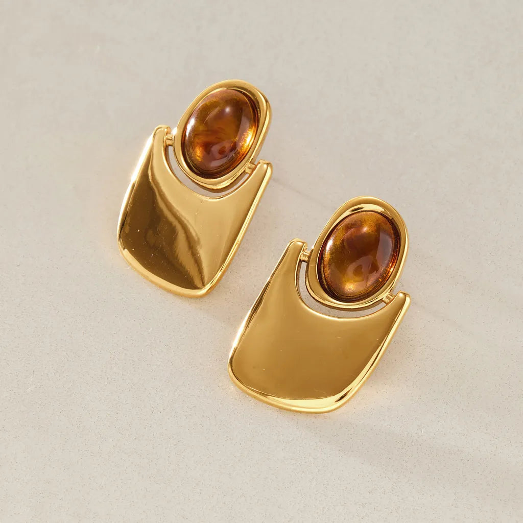 Waterproof Gold Geometric Amber Studs