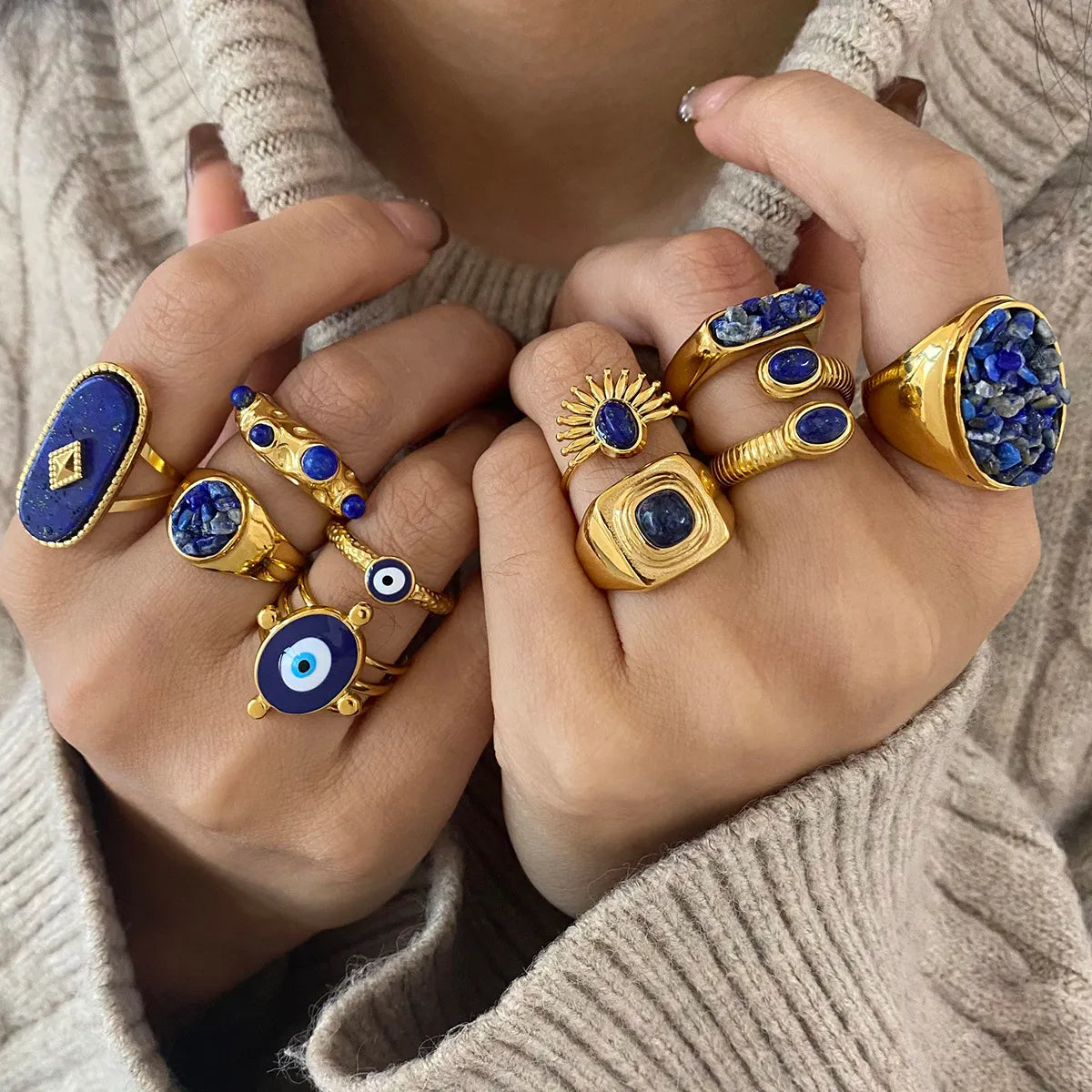 Lapis Lazuli Evil Eye Statement Ring – Waterproof 18K Gold