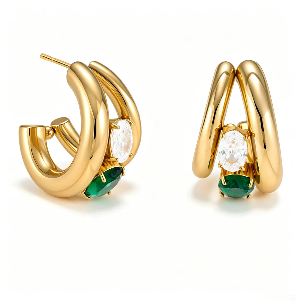Triple-Band Zirconia Huggie Earrings | Waterproof 18K Gold
