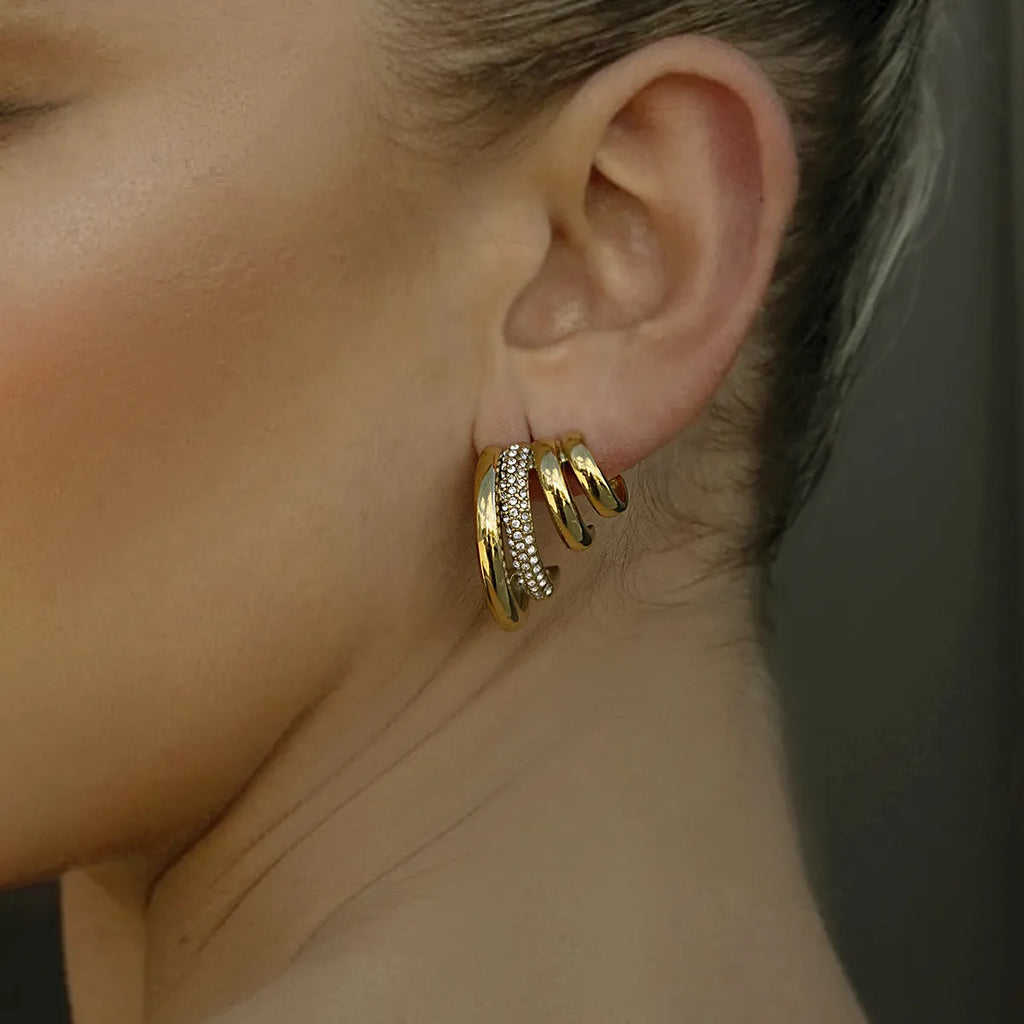 Triple-Band Zirconia Huggie Earrings | Waterproof 18K Gold