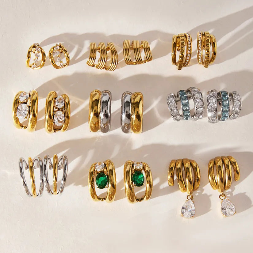 Triple-Band Zirconia Huggie Earrings | Waterproof 18K Gold