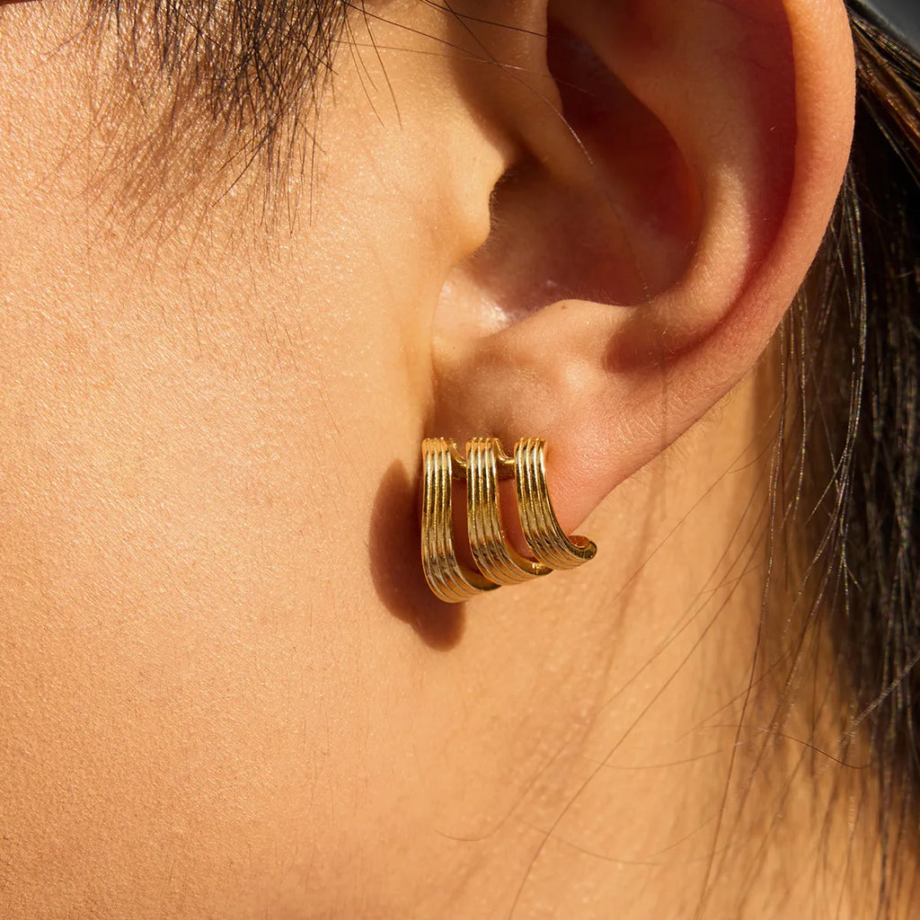 Triple-Band Zirconia Huggie Earrings | Waterproof 18K Gold