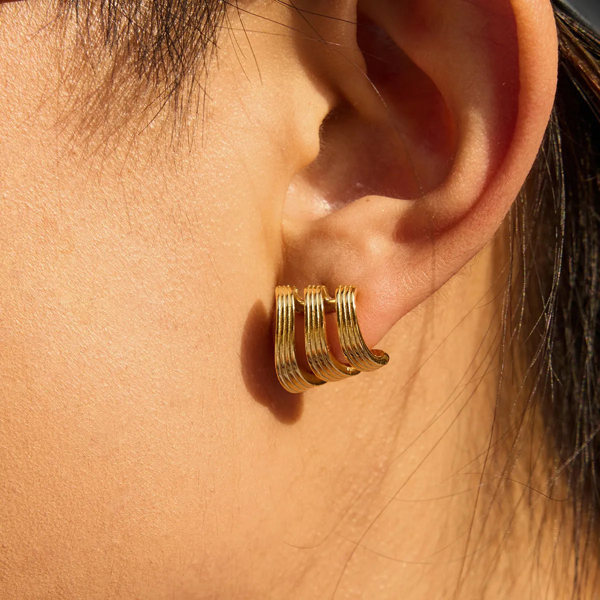 Triple-Band Zirconia Huggie Earrings | Waterproof 18K Gold