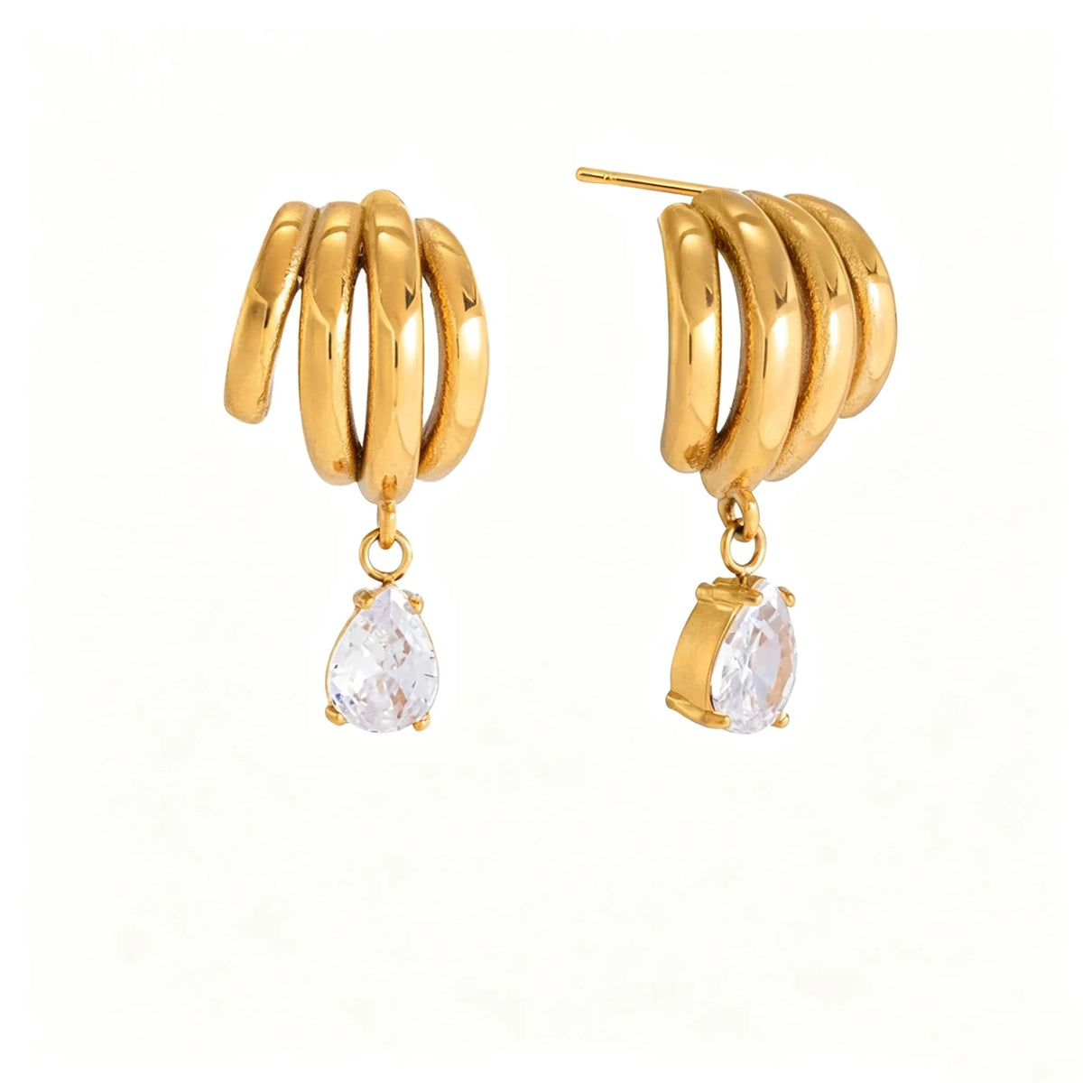Triple-Band Zirconia Huggie Earrings | Waterproof 18K Gold