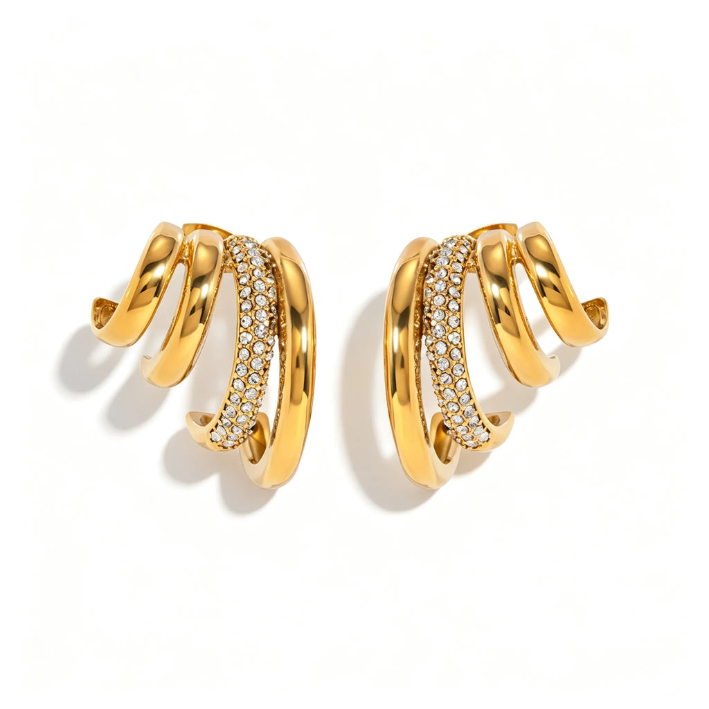 Triple-Band Zirconia Huggie Earrings | Waterproof 18K Gold