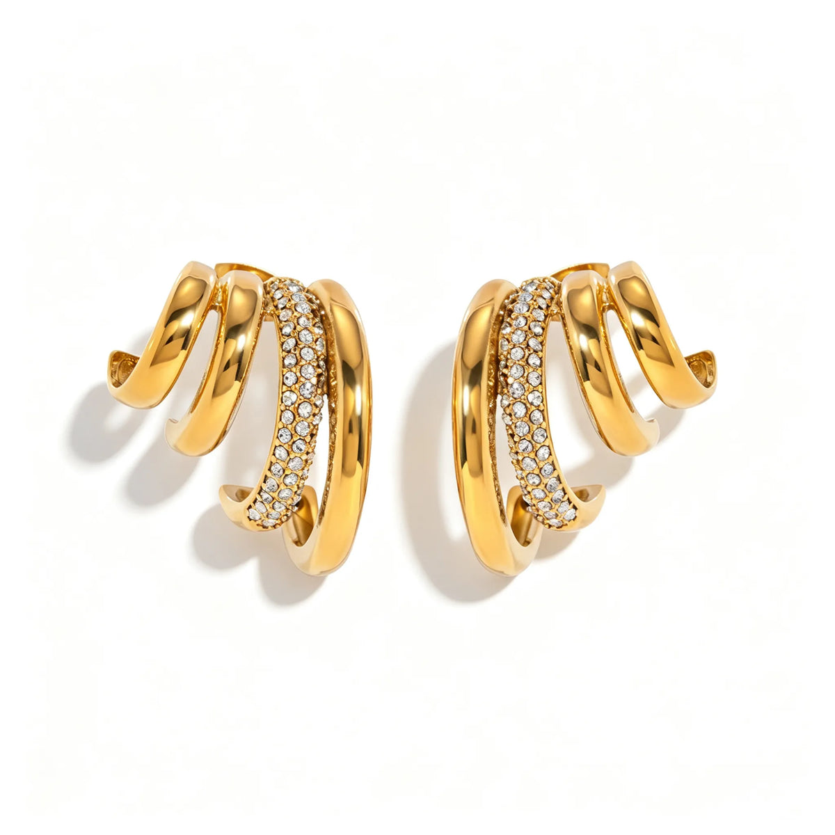 Triple-Band Zirconia Huggie Earrings | Waterproof 18K Gold