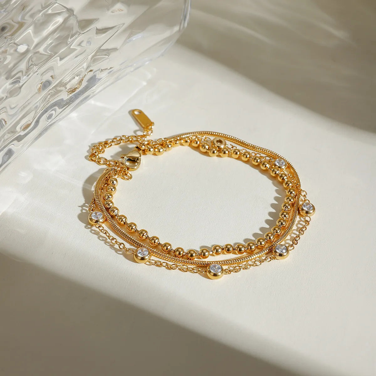Multi-Layered Bead & Zirconia Bracelet – Waterproof 18K Gold
