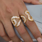 Waterproof Stainless Steel Baguette CZ Statement Rings | Gold Wavy Abstract Open Bands