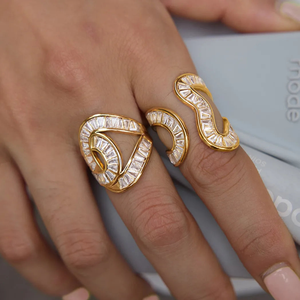 Waterproof Stainless Steel Baguette CZ Statement Rings | Gold Wavy Abstract Open Bands