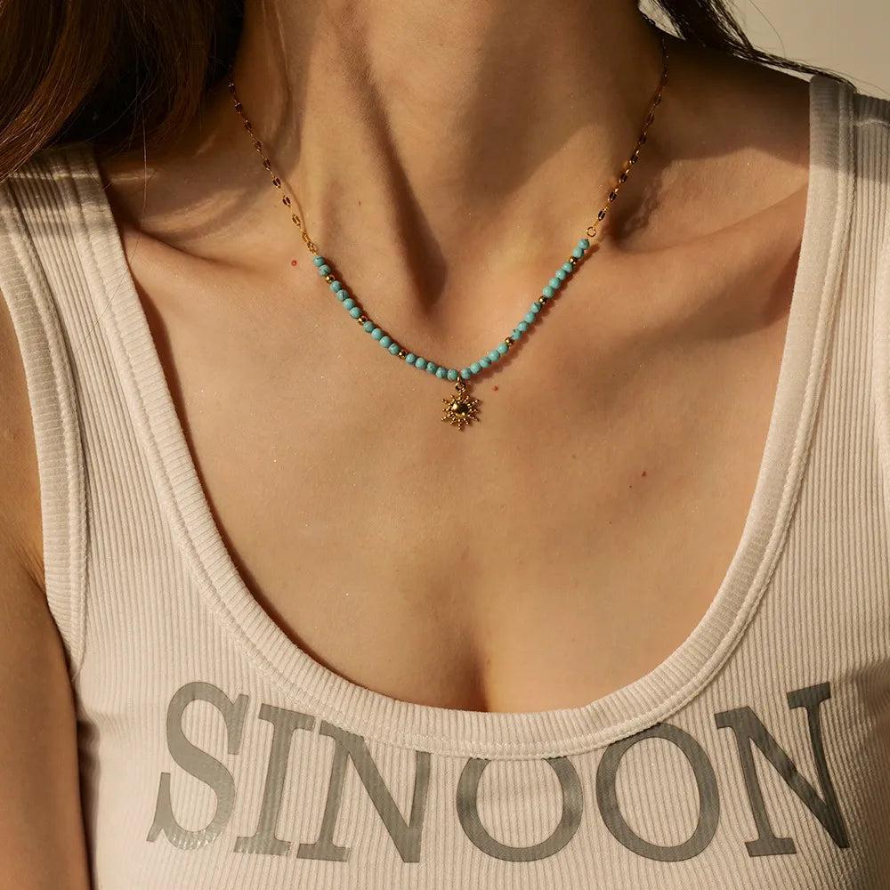Turquoise Bead Pendant Necklace | Waterproof 18K Gold
