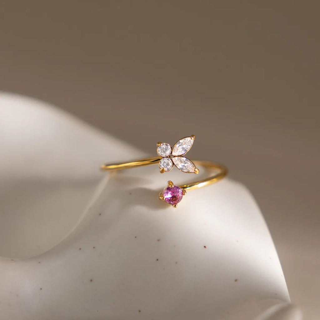 Butterfly & Floral CZ Open Ring Collection – Waterproof 18K Gold