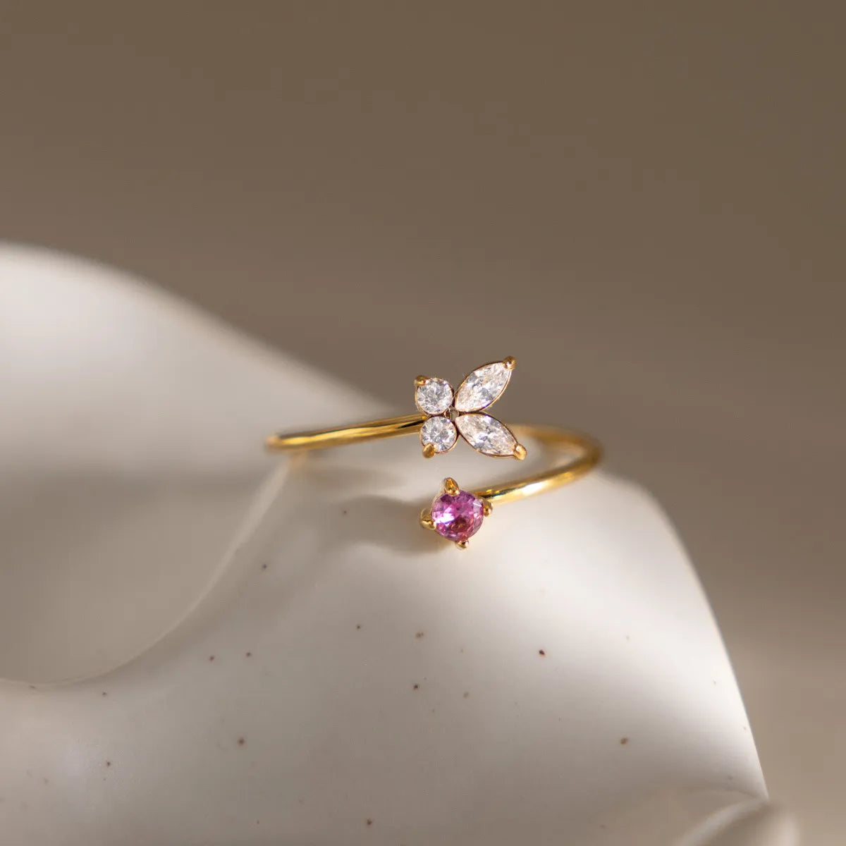Butterfly & Floral CZ Open Ring Collection – Waterproof 18K Gold