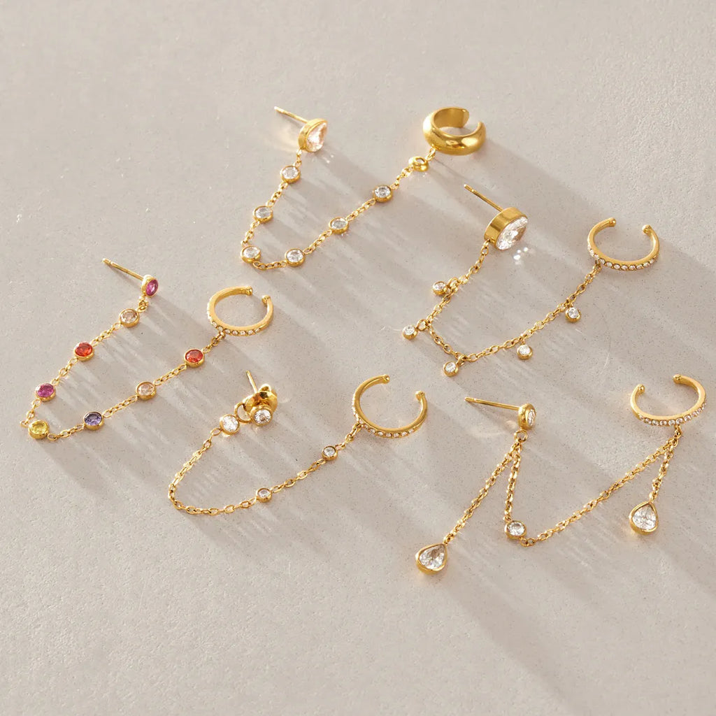 Waterproof Chain CZ Dangle Stud Ear Cuffs