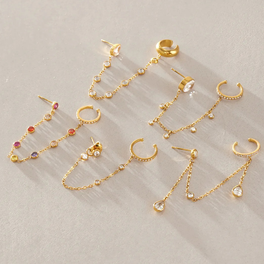 Waterproof Chain CZ Dangle Stud Ear Cuffs