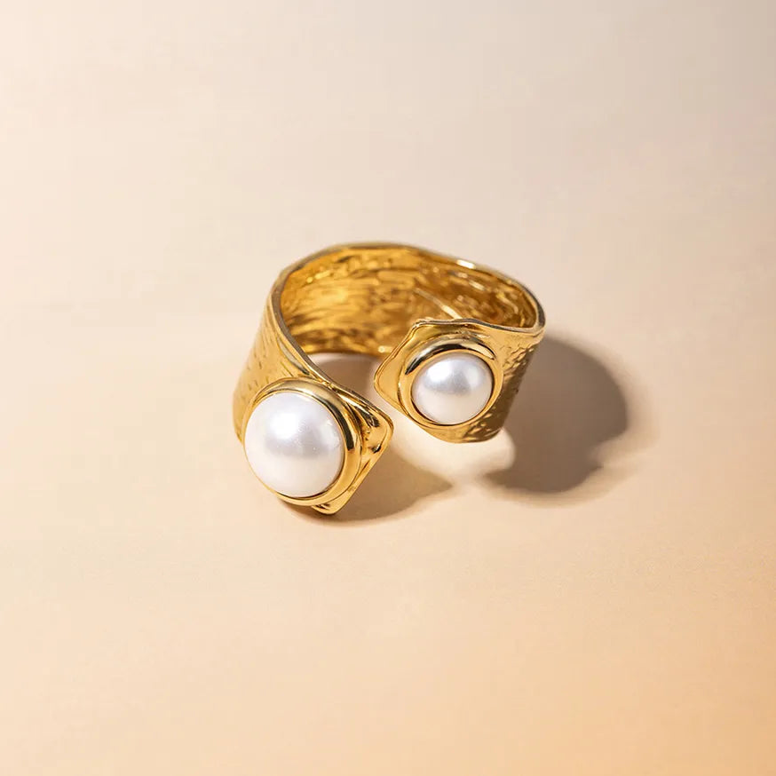 Chunky Textured Pearl Open Ring – Waterproof 18K Gold