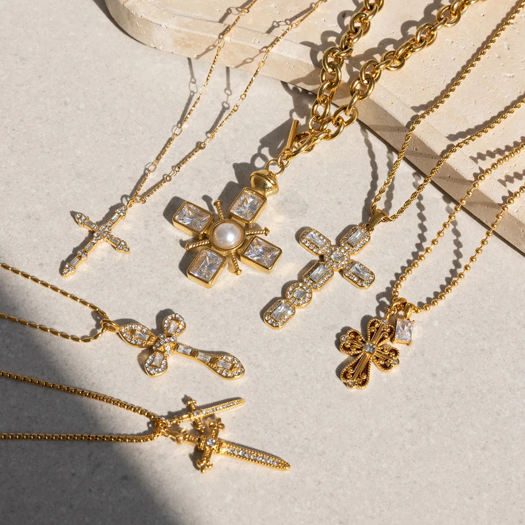 Waterproof Cross Pave CZ Pendant Necklace