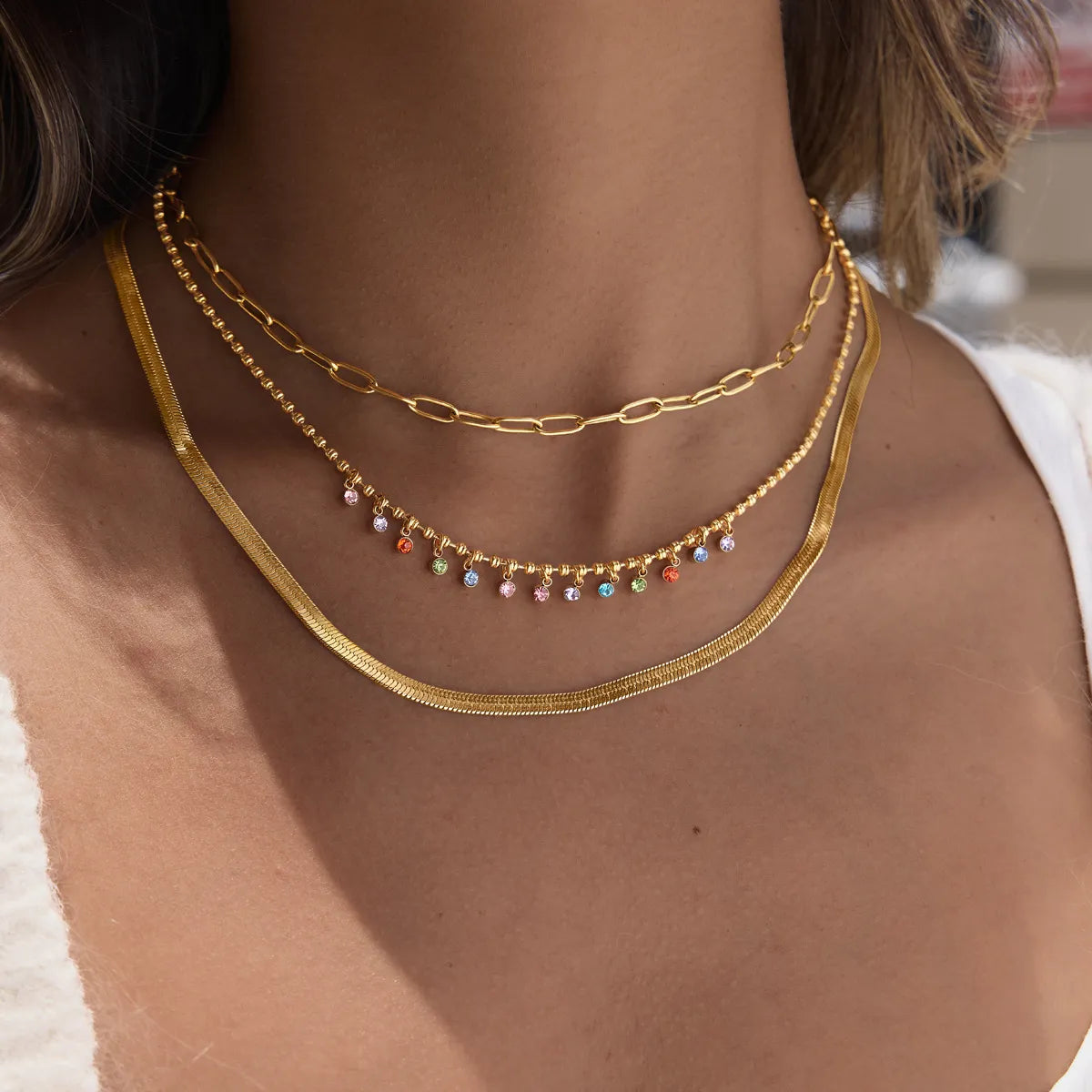 Colorful Zircon Drop Choker Necklace – Waterproof Steel